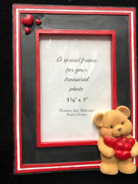 *Teddy Bear Love Picture Frame with Red Hearts, 7in - 4x6 Photo, Black - Valentines