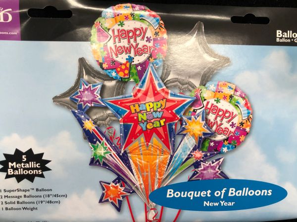 *Happy New Year Foil Balloon Bouquet, Colorful, Stars - 5 Balloons