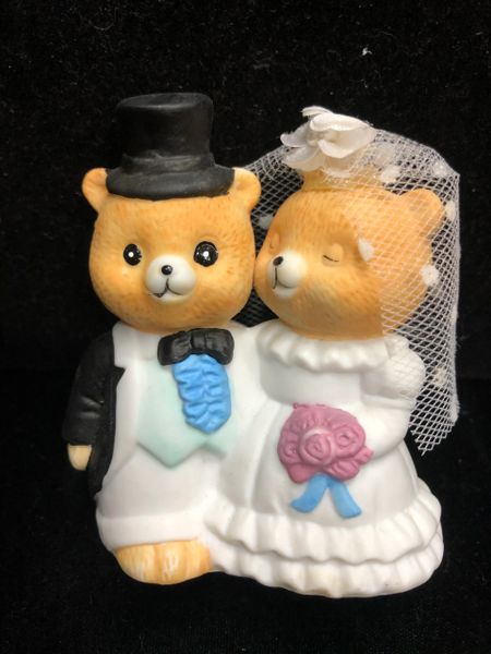 Rare Just Married Mini Teddy Bears Bride and Groom Wedding Couple, Porcelain Figurine, 3in - by Russ Berrie - Discontinued