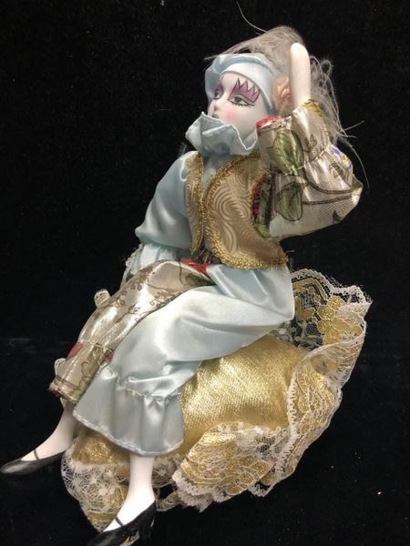 SALE - Rare Porcelain Clown Musical Figurine Sitting on Pillow, 8in - Instrumental Gifts