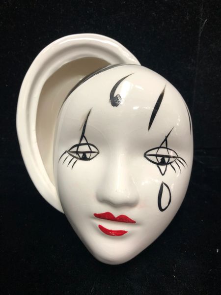 Rare Vintage French Mini Ceramic Pierrot Face Trinket Box - Jewelry Holder - by Price Products - Discontinued