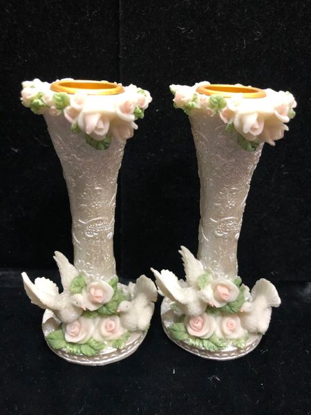 Doves and Roses, Taper Candle Light Holders - Ivory, Wedding Gift, Bridal - 2ct - Discontinued