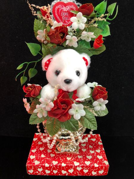 *White Teddy Bear Plush Floral Arrangement, 12in - Love - Valentines - Mom Gifts
