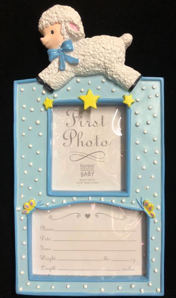 *Newborn Baby Boy First Photo - Personalized Keepsake Blue Picture Frame with Lamb, 9in