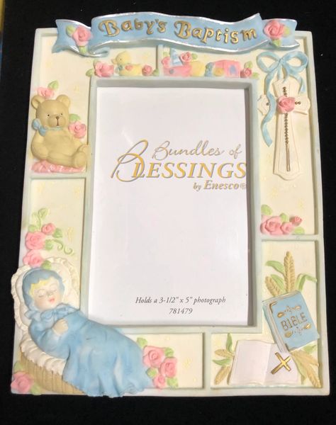 BOGO SALE - Baby Boy Baptism Picture Frame, Bundles of Blessings, Blue - 7in, 4x6 photo, by Enesco