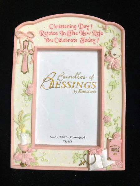 *Pink Christening Picture Frame, Baby Girl - 7in, 4x6 photo, by Enesco