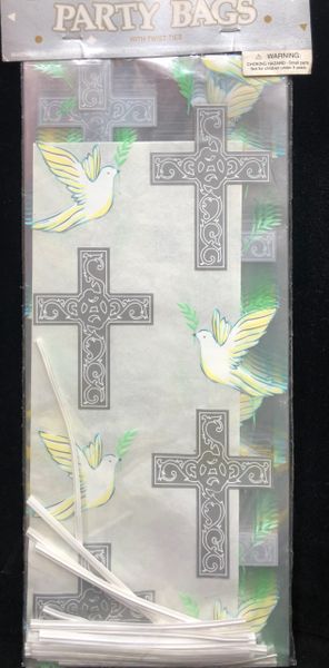 Cellophane Gift Bags with Ties, Crosses, Doves, 12in - 20ct - Confirmation - Communion