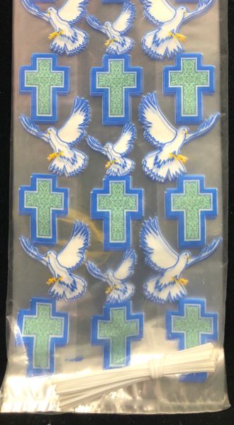 Cellophane Party Favor Gift Bags with Ties, Blue Crosses, Doves, 12in - 20ct - Confirmation - Communion - Christening