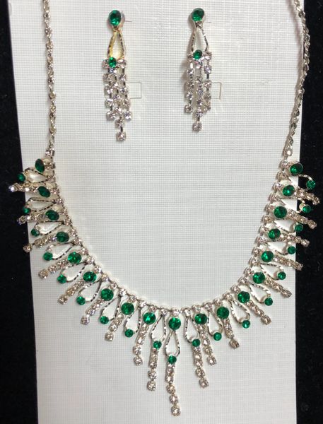 Rhinestone Necklace & Earring Set - Green/Clear - Costume Jewelry