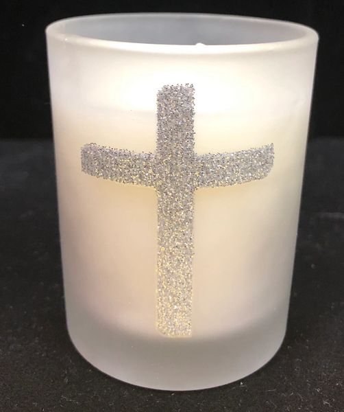 6 Votive Candles in Glass with Silver Glitter Cross, 2.5in - 6pcs - Clearance Party Favor Souvenirs