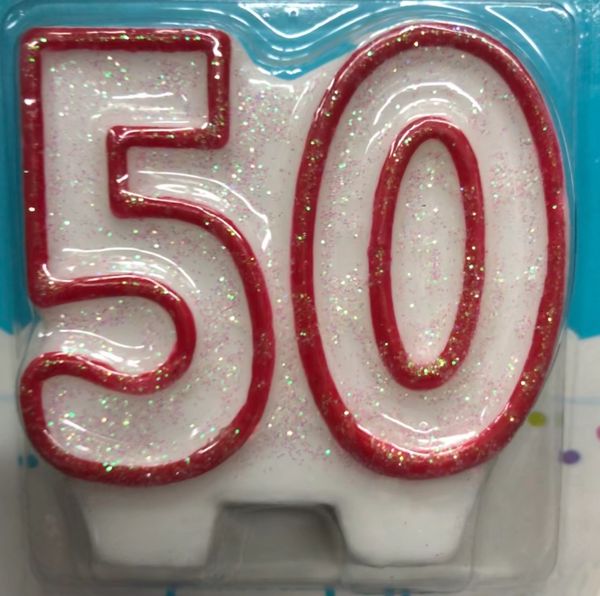 50th Birthday Glitter Candle Cake Topper, Red