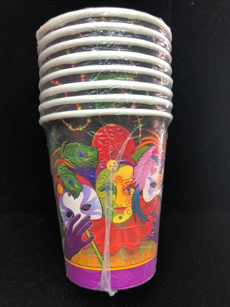 *Mardi Gras Party Cups, 9oz - 8ct - Hot/Cold - Masquerade