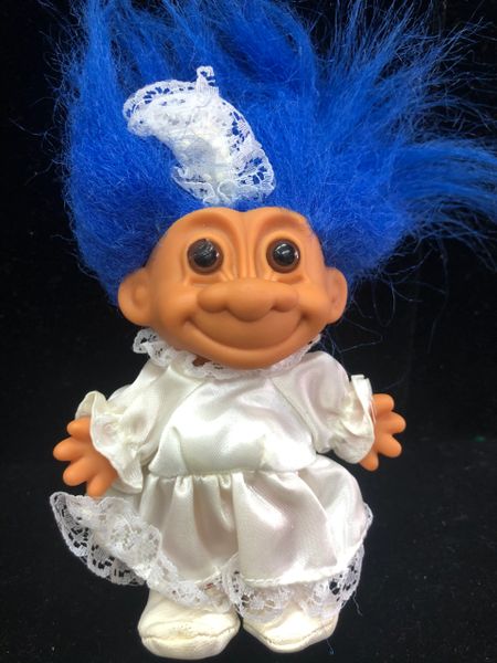 Rare Vintage Bride Troll Doll - Blue Hair, White Dress, 6in