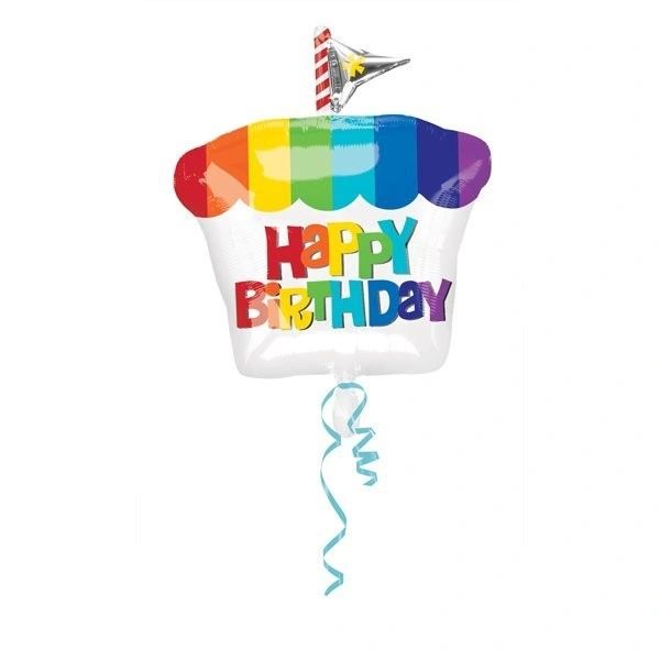 (#26) Happy Birthday Rainbow Cupcake Shape Foil Balloon, 18in - Cupcake Party