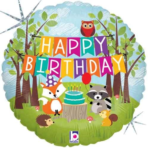 (#25) Woodland Animals Birthday Round Foil Balloon, 18in - Holographic - Owl, Fox, Raccoon, Squirrel