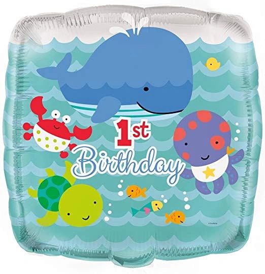 BOGO SALE - 1st Birthday Nautical, Ocean, Under the Sea Square Foil Balloons, 18in - Blue