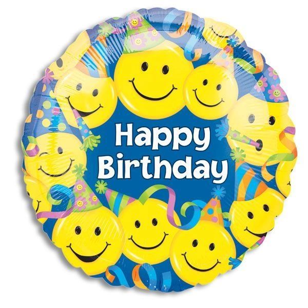 (#15) Happy Birthday Smiley Round Foil Balloon, Blue - 18in