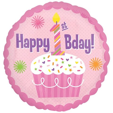 (#3a) 1st Birthday Pink Cupcake Foil Balloon, 18in