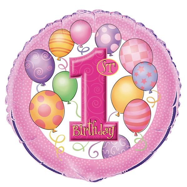 (#8a) Girl Happy 1st Birthday Round Foil Balloon, 18in - Pink - First Birthday Balloons