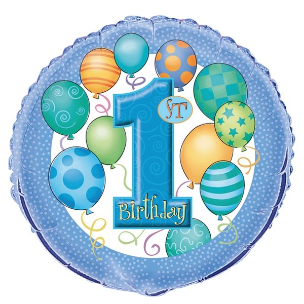 (#8b) Boy Happy 1st Birthday Round Foil Balloon, 18in- Blue - First Birthday Balloons