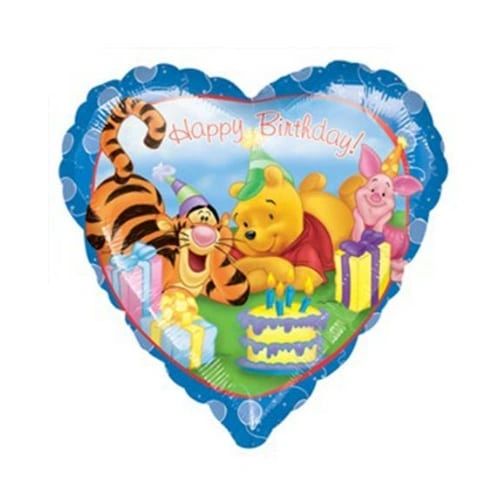 (#C6i) Rare Winnie the Pooh Balloon - Happy Birthday Blue Heart Shape Foil Balloon, Tigger, Piglet, 18in - Discontinued