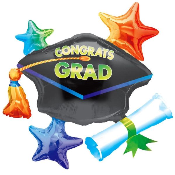 Congrats Grad, Graduation Cap, Super Shape Cluster Foil Balloon, 31in