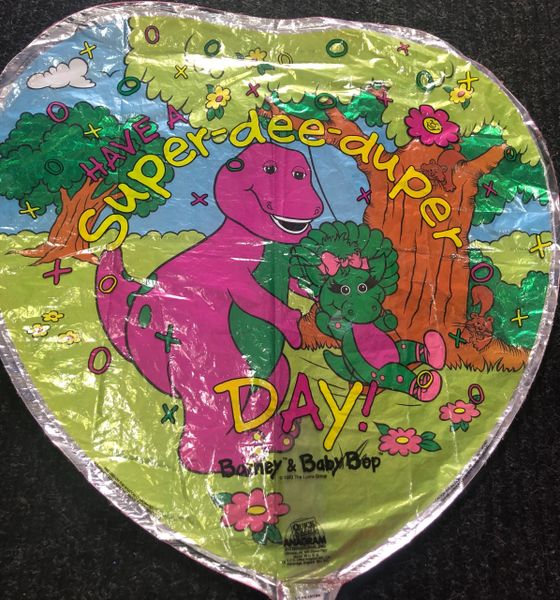 (#8a) Rare Barney & Baby Bop, Have a Super-dee-duper-Day! Heart Shape Balloon, 20in - Discontinued 1 left