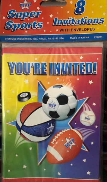 BOGO SALE - Sports Birthday Party Invitations, 8ct - Football, Soccer, Basketball, Baseball - Packaged