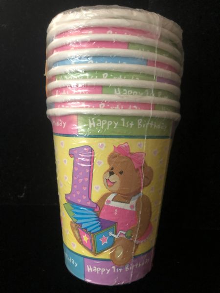 *1st Birthday Girl Teddy Bear Party Cups, 8ct - 9oz - First Birthday