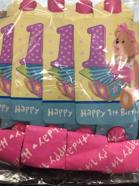 First Birthday Pink Teddy Bear Girl Party Favor Blowouts, 8ct