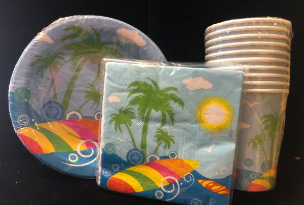 BOGO SALE - Tropical Beach Day, Palm Trees, Sun, Surf, Theme Party Supplies - Plates, Cups, Napkins - Luau