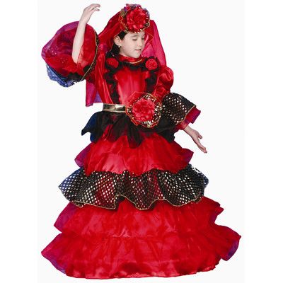 *Deluxe Spanish Dancer Flamingo Ruffle Carnival Dress Costume, Girls - Red, Black - Halloween Sale