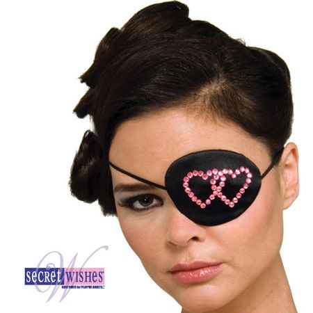 *Black Satin Eyepatch with Pink Crystal Hearts Pirate Costume Accessory - Halloween