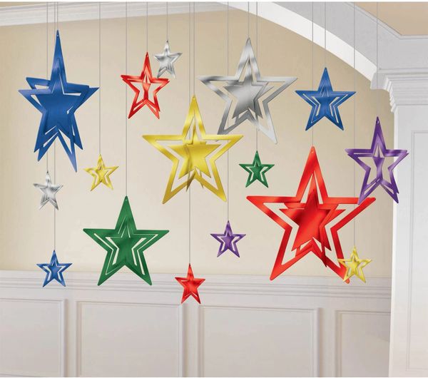 *3D Hanging Metallic Foil Stars Party Decoration Kit, 16pcs - Multi Color