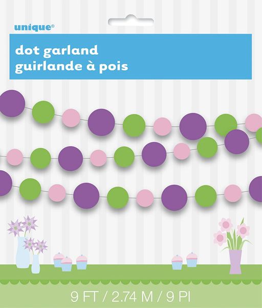 BOGO SALE - Spring Circle Dots Garland Decoration, Purple, Green, Pink - 9ft - Birthday Party
