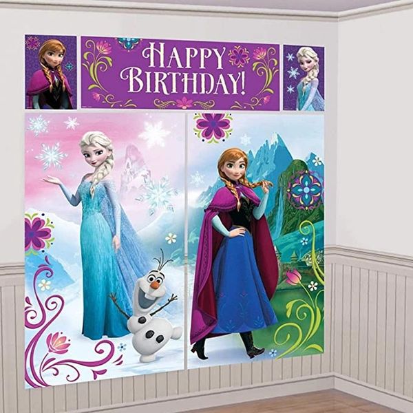 BOGO SALE - Disney Frozen Happy Birthday Party Scene Setter, Wall Banner Decoration Kit - 5pcs