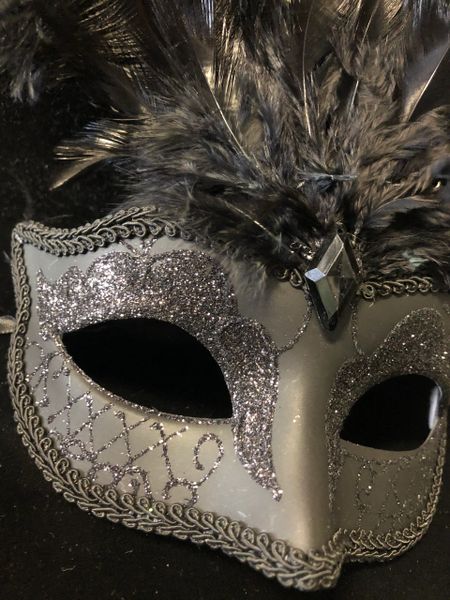 Black Sparkle Eye Mask - Masquerade Mask with Feathers - After Halloween Sale