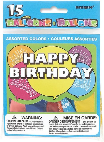 15 Happy Birthday Latex Balloons, Assorted Color, 12in - 15ct