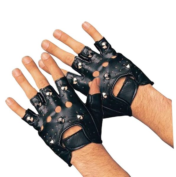 Studded Biker Gloves, Black Punk Rock Fingerless - Purim - Halloween Sale