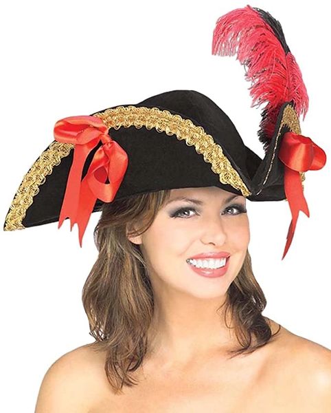 Deluxe Buccaneer Pirate Hat, Unisex - Tricorn - Red Feather - Halloween Sale
