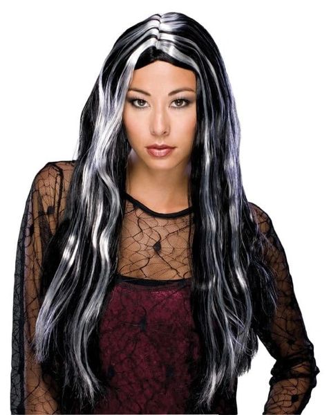 *Witch Wig Costume Accessory, Women's - Long Black Hair White Streaks, 24in - Halloween