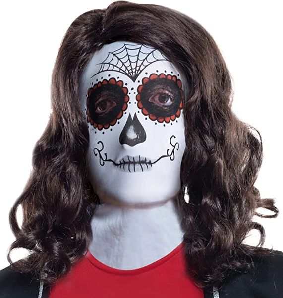 Day of the Dead Female Mask with Attached Wig Halloween Spirit