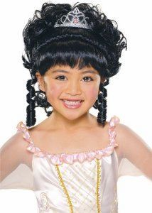Princess Wig, Attached Silver Tiara, Girls Fairy Tale Charming - Black Hair - Purim - After Halloween Sale - under $20