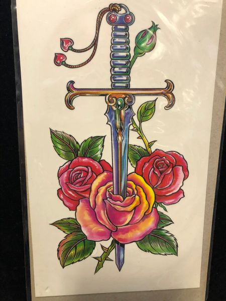Sword in Roses Temporary Body Tattoo Art, 6in - Fake Tattoo