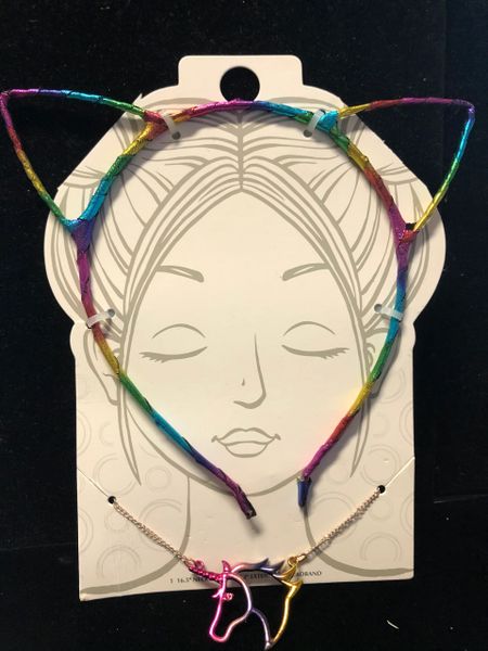 *Rainbow Cat Headband & Unicorn Necklace Costume Jewelry Accessory, Girls - Halloween