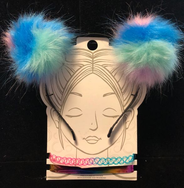 Rainbow Furry Pom Pom Headband & Choker Necklaces - Cheerleader - Pride - After Halloween Sale - under $20