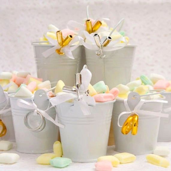 White Tin Pail Party Favors,12pcs - 2oz, Pre-Cut White Ribbons and Thank You Tags, 2in