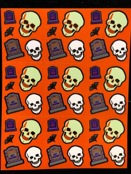 Skull Stickers, Bats, Tombstones - 9 Sectioned Stickers - 2 Sheets - Halloween