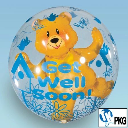 SALE - Rare 3D Bubble Balloon -Get Well Soon, Balancing Teddy Bear Plastic Balloon, 22in