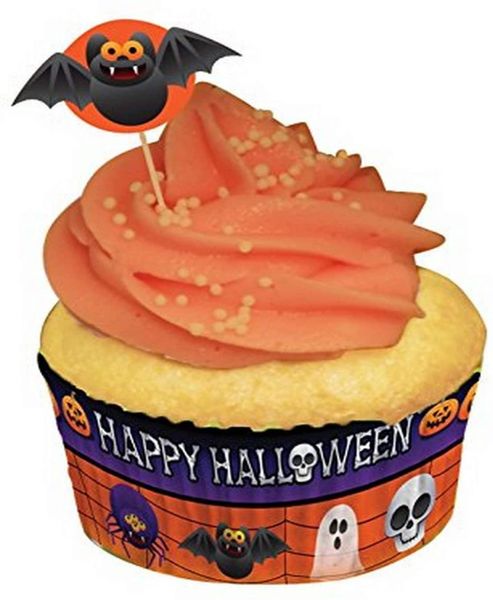 *Happy Halloween Party Cupcake Wrapper Set with Decorative Bat Toothpick, 24ct